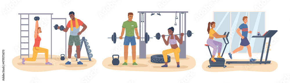Fototapeta premium Cardio and lifting exercises for people in gym, working out and keeping fit. Man with barbell and dumbbell, lady on bike and male on running on treadmill. Active lifestyle vector in flat style