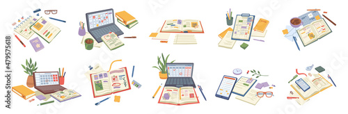 Calendars and schedule, planners and organizers for work. Isolated laptop and textbook, notebook with marked events and appointment of meetings. Business management. Vector in flat style illustration