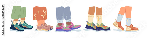 Modern sneakers and joggers, sportive models of shoes for teenagers and hipsters. Fashionable clothes for apparel, legs and footwear. Textile and rubber material, shop or store. Vector in flat style
