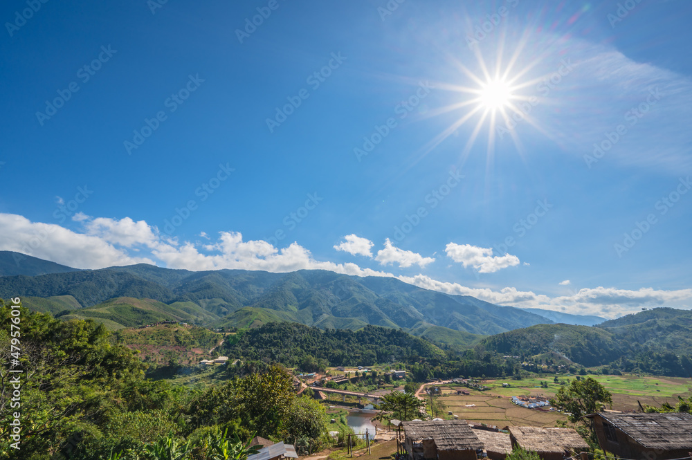 Beautiful landscape view with mountain view at Sapan Village nan Thailand.Sapan is Small and tranquil Village in the mountain.