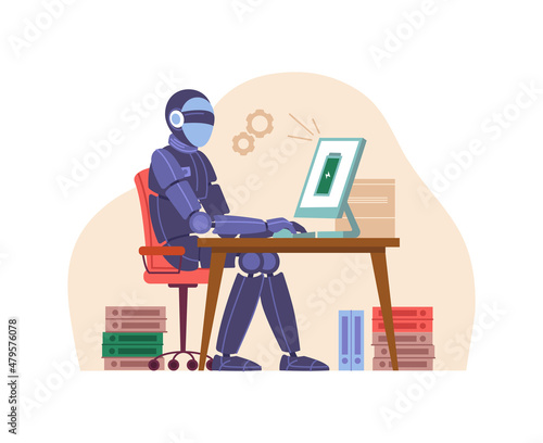 Robot works tirelessly at computer isolated flat cartoon character. Vector automated superiority machine working a lot faster than businessman person, cyborg efficient work without tiredness