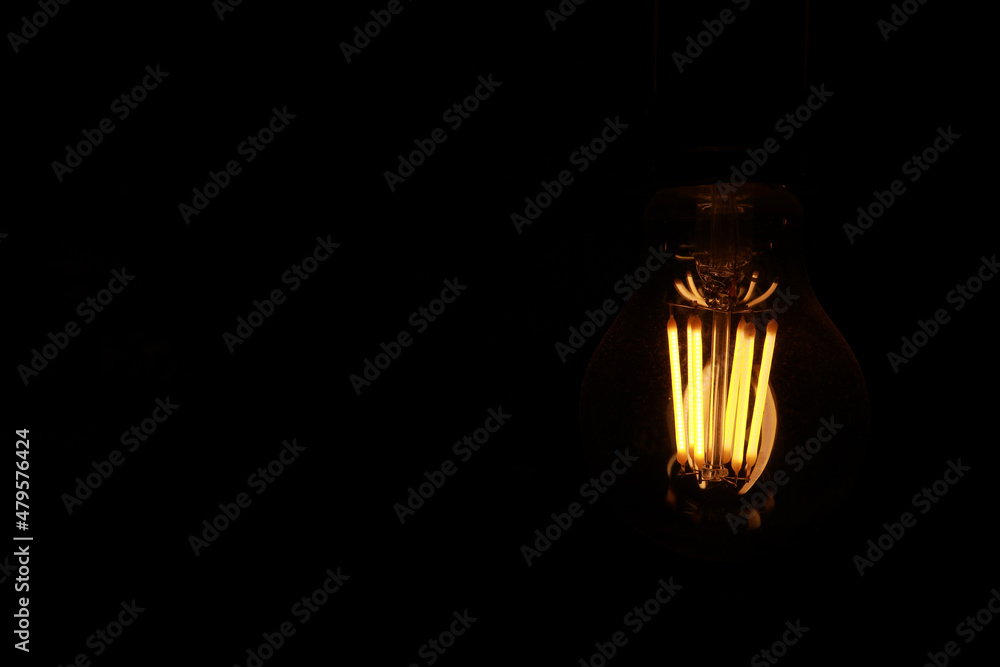 Classic Edison light bulb on black background with space for text