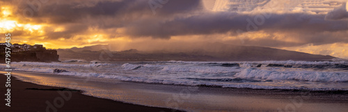 Azores islands  beach with amazing waves and colors  sunset.