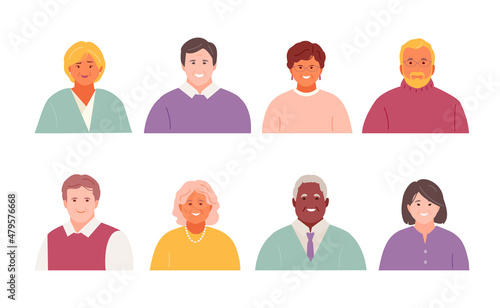 Portraits set of middle-aged and elderly people of different nationalities and appearances. Vector avatars