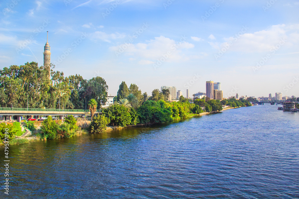 Beautiful view of the Cairo Tower and the Nile embankment in Cairo, Egypt