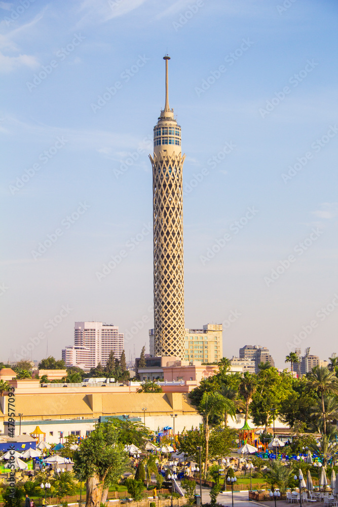 Obraz premium Beautiful view of the Cairo Tower and the Nile embankment in Cairo, Egypt