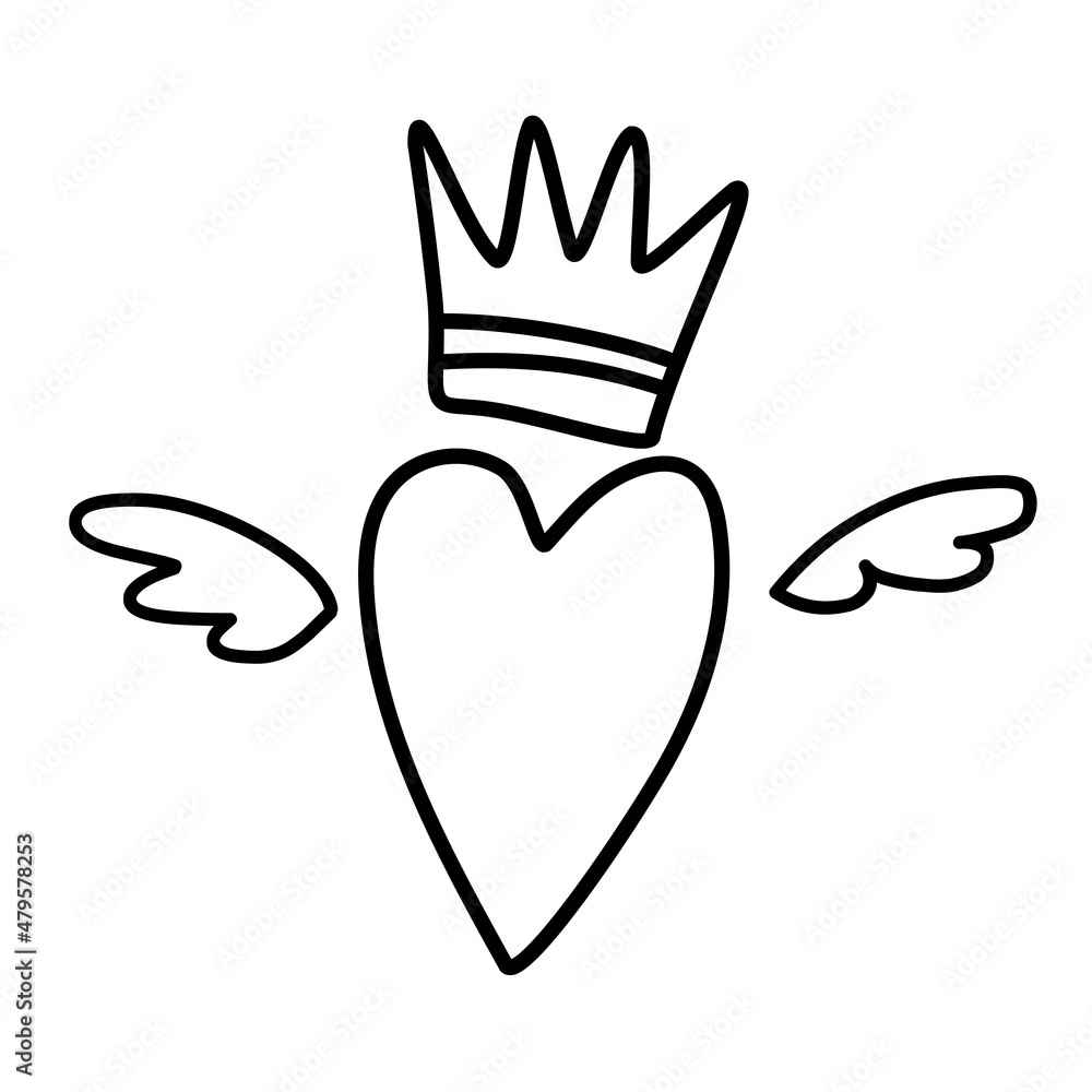 Heart with wings and crown. Drawn by hand, sketch, doodle. Illustration isolated on white background. Symbol of love, romance, Valentine's Day. Cute vector illustration. Heart with wings and crown. Drawn by hand, sketch, doodle. Illustration isolated on white background. Symbol of love, romance, Valentine's Day. Cute vector illustration.