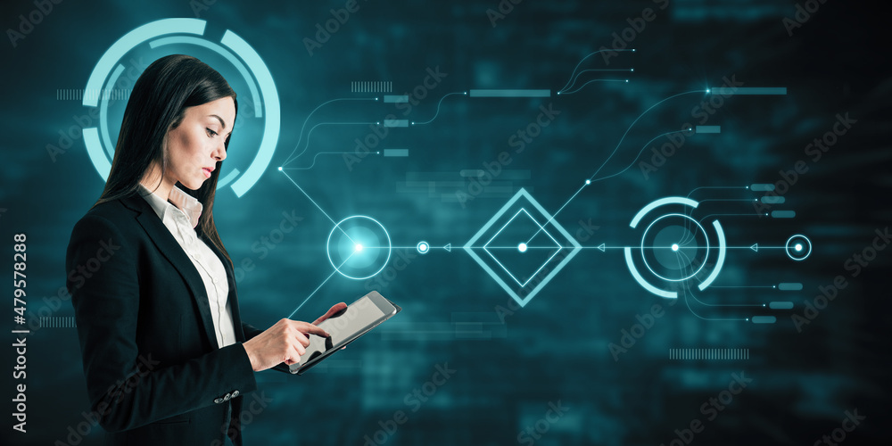 Attractive businesswoman using tablet with creative glowing digital business interface on blurry blue background. Finance, innovation, trade and growth concept. Attractive businesswoman using tablet with creative glowing digital business interface on blurry blue background. Finance, innovation, trade and growth concept.