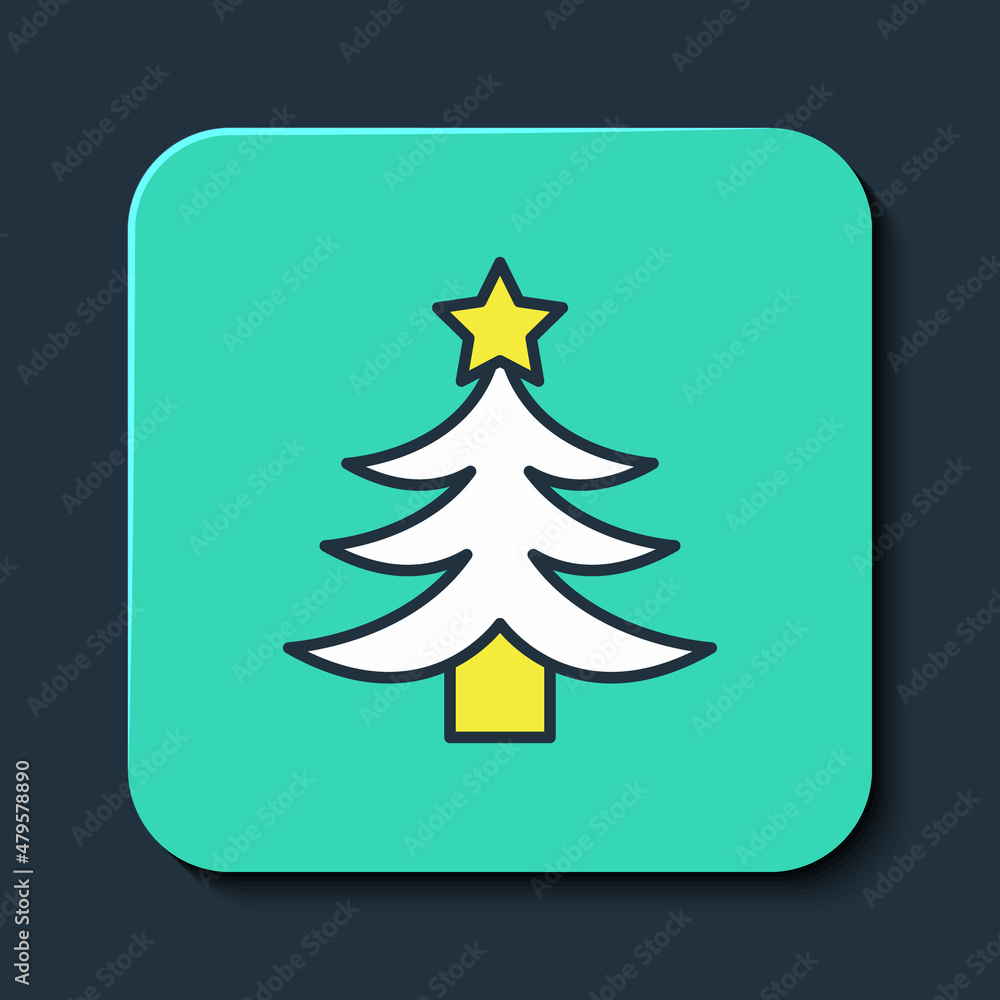 Obraz premium Filled outline Christmas tree icon isolated on blue background. Merry Christmas and Happy New Year. Turquoise square button. Vector
