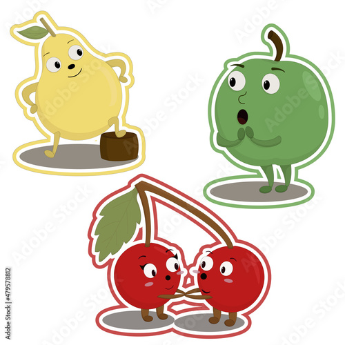 green apple, red cherries and yellow pear