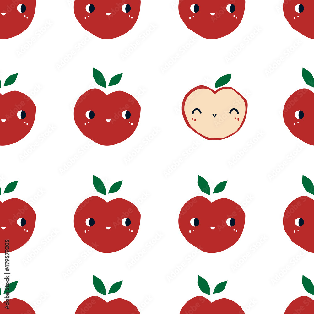 A pattern with red apples with eyes. Cute fruit background for kids design. Vector Scandinavian style A pattern with red apples with eyes. Cute fruit background for kids design. Vector Scandinavian style