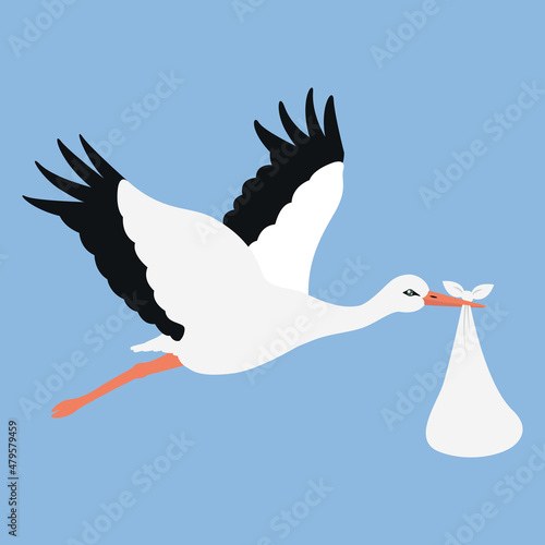 cartoon stork with newborn baby in a bag vector