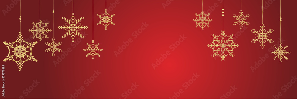 Elegant hanging winter red gold Snowflake design template banner