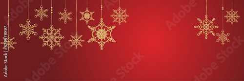 Elegant hanging winter red gold Snowflake design template banner