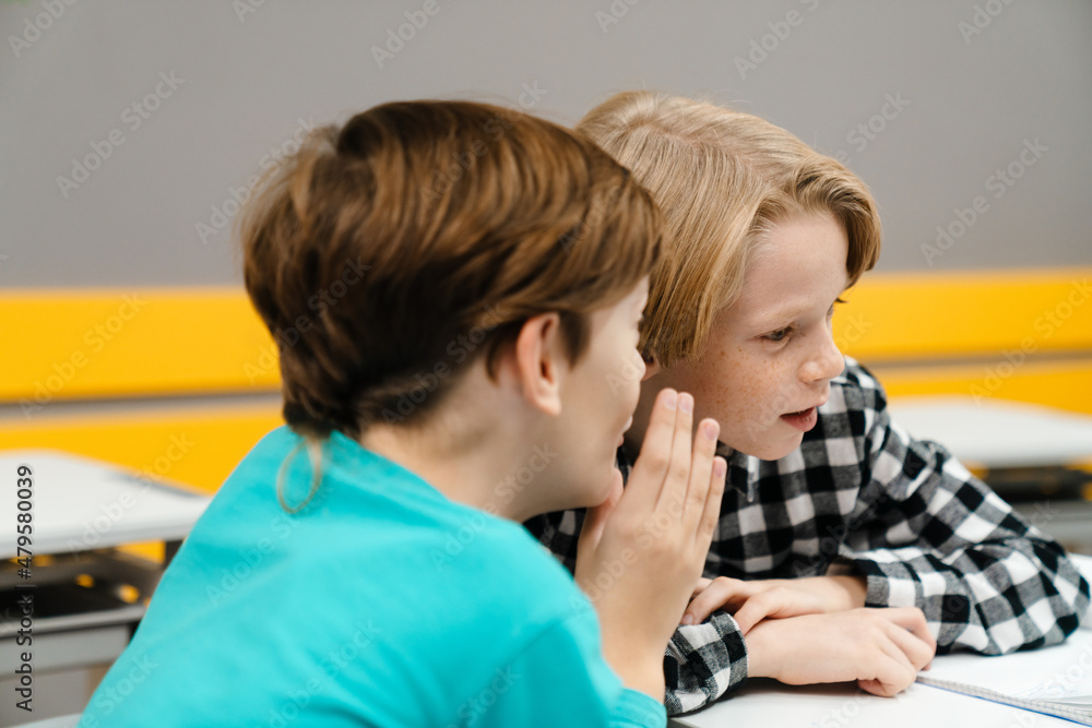 White ginger boys talking during class at school