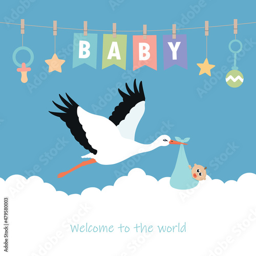 baby welcome greeting card with stork and party flag