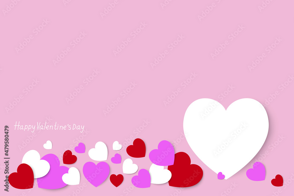 Happy valentine's day with hand lettering, many beautiful heart shape on pink background. Vector illustration.