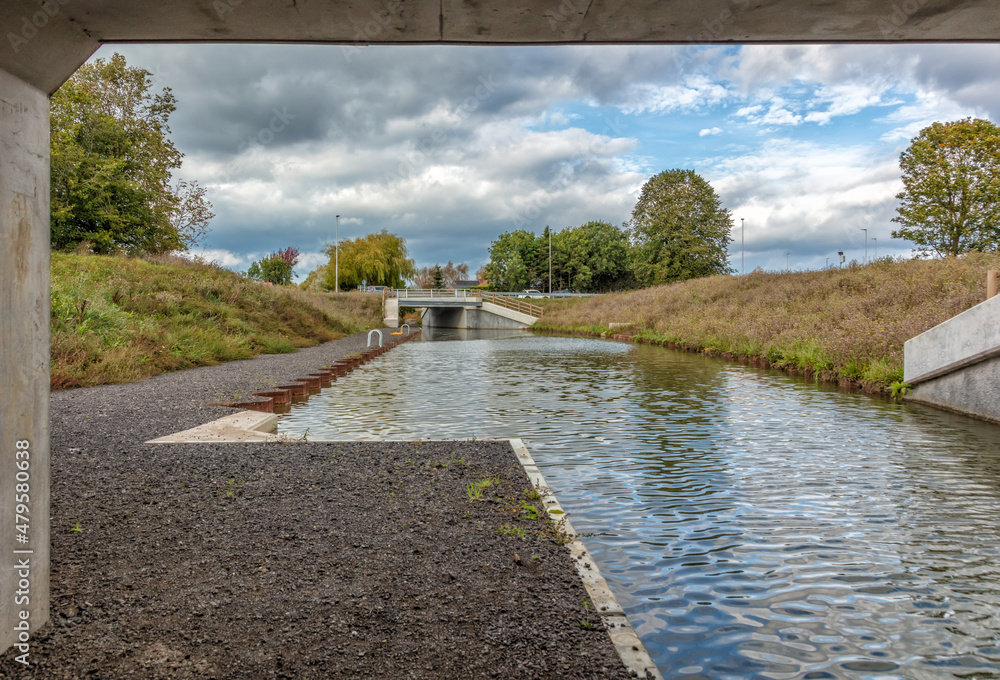 New section of the Stroudwater Navigation at Whitminster passing under the A38 road. Part of the  'Cotswold Canals Connected' restoration project,Stroud, Gloucestershire, United Kingdom