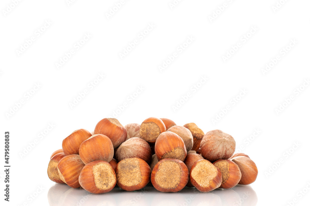 Several organic hazelnuts, close-up, isolated on white. Several organic hazelnuts, close-up, isolated on white.