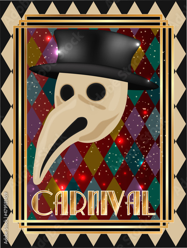 Venetian carnival mask Plague doctor, card in art deco style , vector illustration