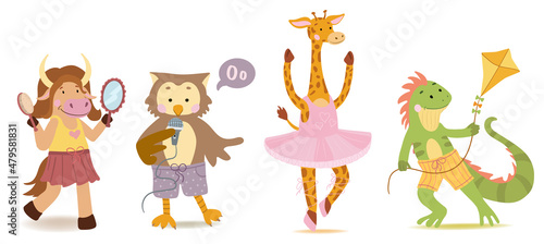 Yak combs his hair and looks in the mirror. Giraffe ballerina. An owl in purple shorts sings into a microphone. An iguana launches a kite.