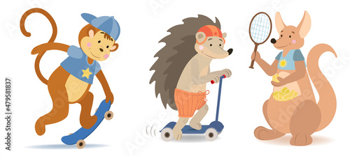 A monkey in a cap rides a skateboard. A hedgehog in a helmet rides a scooter. Kangaroo tennis player with a tennis racket and tennis balls.