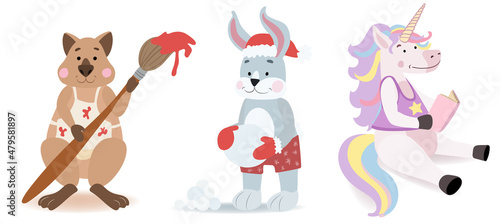 Quokka is an artist in an apron, painting with a brush. A rabbit in red shorts and a winter hat makes snowballs. A rainbow-colored unicorn in a purple T-shirt is reading a book.
