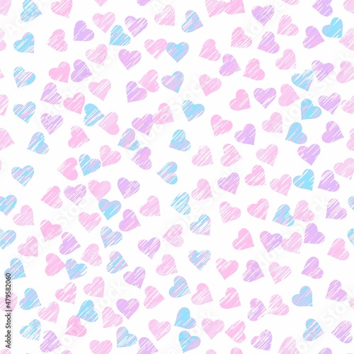 Delicate seamless abstract pattern of pink, blue and lilac hearts with multicolored strokes.