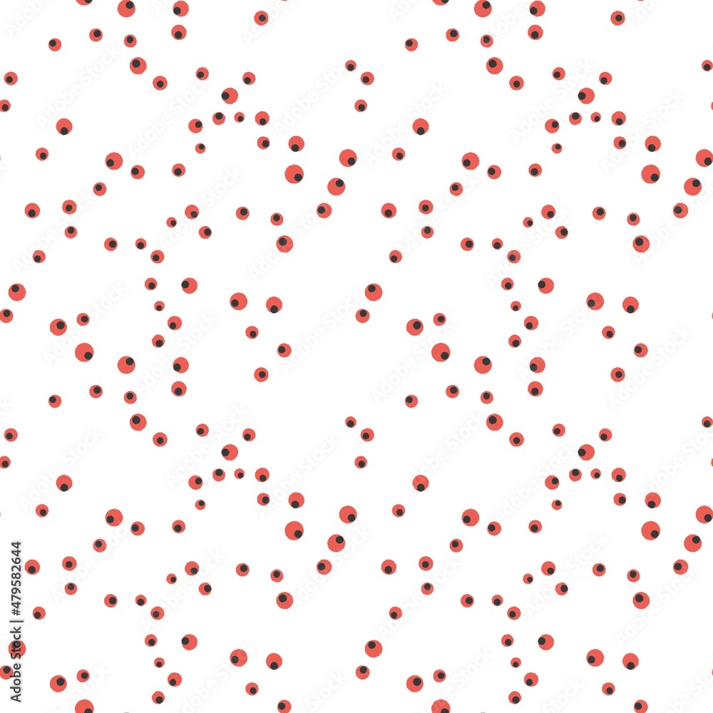 Seamless abstract geometric pattern. White background. Red, black dots, circles. Chaotic polka dots. Digital design for textile fabrics, wrapping paper, background, wallpaper, cover. Illustration.