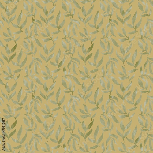 Seamless foliage pattern. Light green textured leaves silhouettes on khaki background. Digital brush strokes. Design for textile fabrics, wrapping paper, background, wallpaper, cover. Illustration.