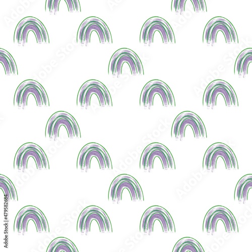 Fototapeta Naklejka Na Ścianę i Meble -  Seamless abstract children pattern. Green, purple, white colors. Rainbow. Lines. Brush strokes texture. Design for textile fabrics, wrapping paper, background, wallpaper, cover.