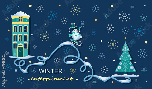 Snowman sledding. Funny winter, games. Vector poster, background with cartoon characters. 