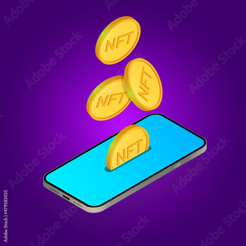 NFT wallet. NFT gold coins and smartphone. NFT transaction concept, non fungible token.
