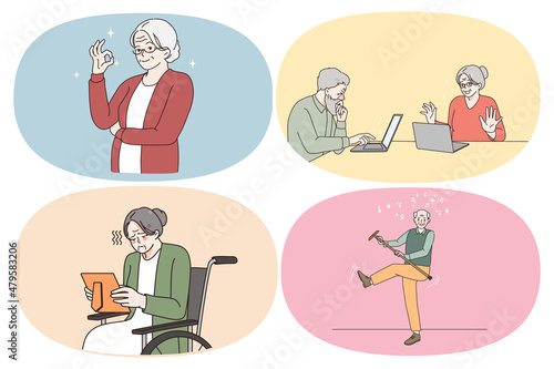 Life situations of pensioners concept. Set of mature people grandparents showing ok sign playing with stick learning online chat and laptop and feeling lonely looking at photo vector illustration
