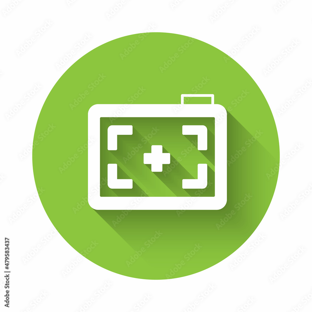 White Photo camera icon isolated with long shadow. Foto camera. Digital photography. Green circle button. Vector White Photo camera icon isolated with long shadow. Foto camera. Digital photography. Green circle button. Vector
