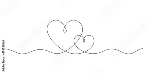 One continuous drawing of two hearts and love signs. Thin curls and romantic symbols in simple linear style. Minimalist Editable stroke. Vector doodles illustration