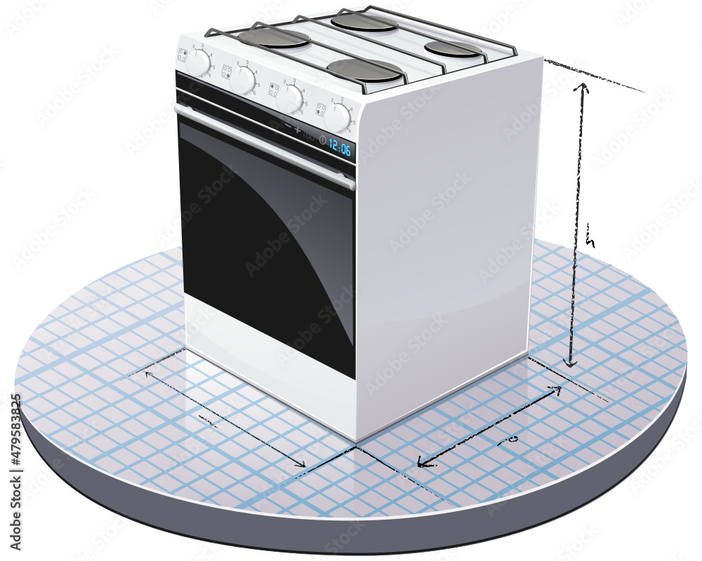 Gas stove with pencil lines describing the dimensions on graph paper (cutout) Stock Vector