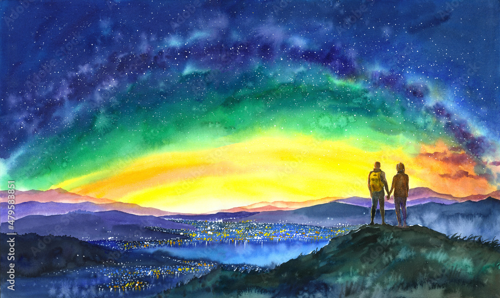 Watercolor Painting - Young Couple staring at milky-way on mountain top