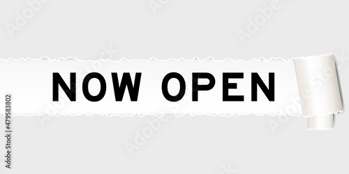 Ripped gray paper background that have word now open under torn part