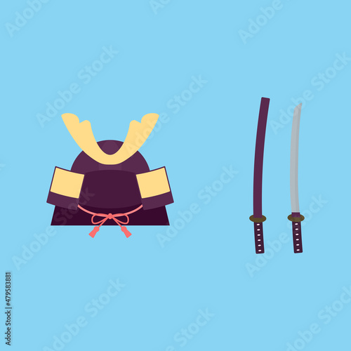シンプルでかわいい兜と日本刀のイラスト