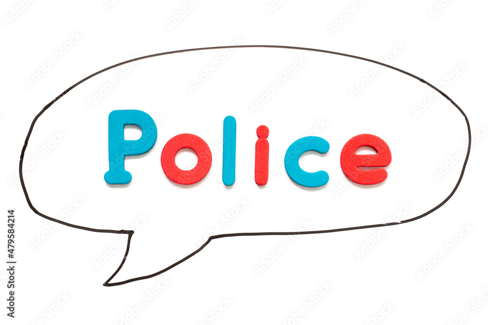 Alphabet letter with word police in black line hand drawing as bubble speech on white board background Alphabet letter with word police in black line hand drawing as bubble speech on white board background
