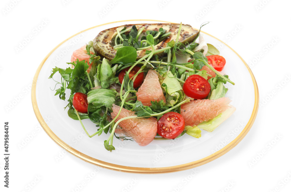 Delicious pomelo salad with grilled avocado and tomatoes on white background Delicious pomelo salad with grilled avocado and tomatoes on white background