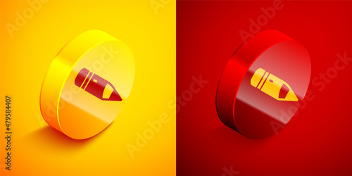 Isometric Pencil with eraser icon isolated on orange and red background. Drawing and educational tools. School office symbol. Circle button. Vector