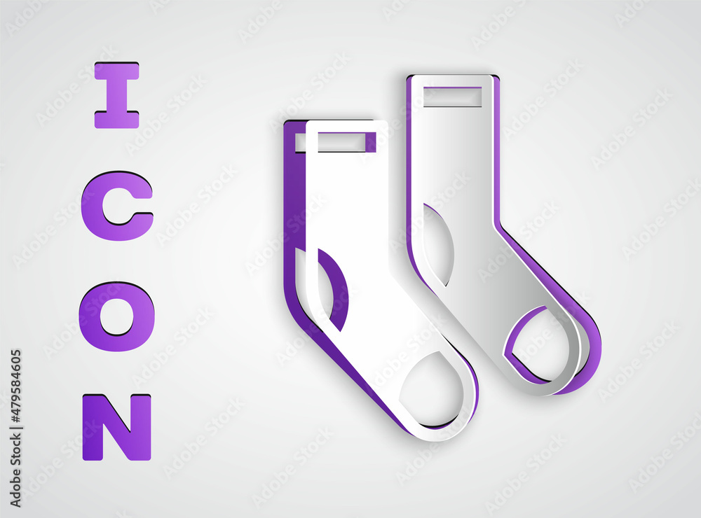 Paper cut Socks icon isolated on grey background. Paper art style. Vector Paper cut Socks icon isolated on grey background. Paper art style. Vector