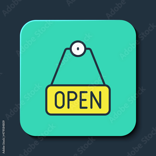 Filled outline Hanging sign with text Open door icon isolated on blue background. Turquoise square button. Vector
