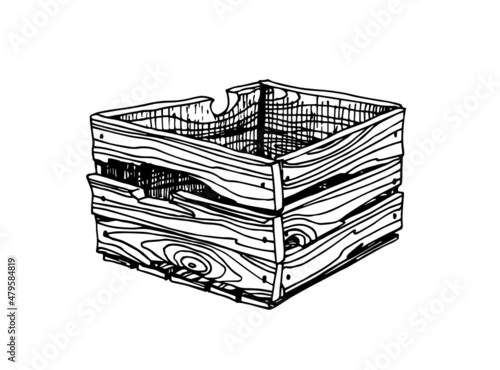 An old cracked packing box made of wooden boards. Protection during transportation of fragile goods. Vector illustration with black contour lines isolated on a white background in a hand drawn style.