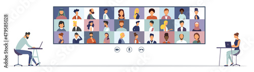 Online Virtual Meetings. Work from Home WFH During Coronavirus COVID-19 Pandemic Outbreak. Teleconference TV. Video Conference Webinars or Remote Working. Vector.