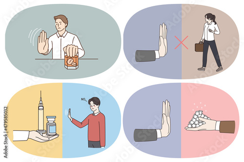 Refusing from bad habits and addictions concept. Human hand showing rejecting refusing no sign to cigarettes drugs gambling casino and white sugar vector illustration 