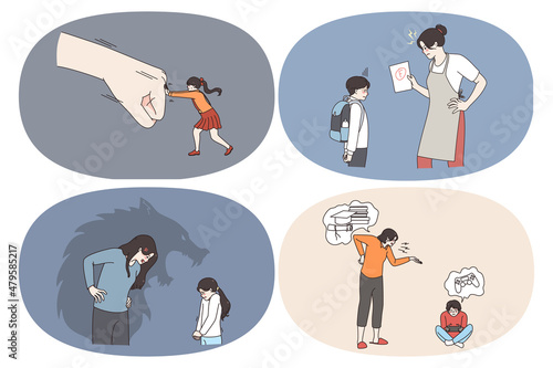 Home abuse and harassment concept. Set of afraid scared children kids feeling stressed of parents fight and punishment trying to reject power and pressure at home vector illustration 