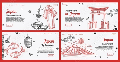 Japan culture at web page, vector illustration set